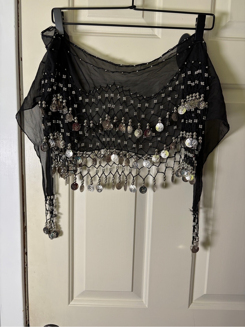Black Beaded and  Coin Fringe Belly Dance Scarf